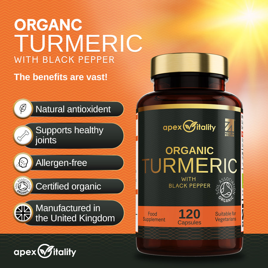 Organic Turmeric Supplement - High Strength 700mg and Organic Black Pepper 10mg - Apex Vitality