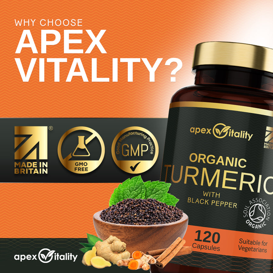 Organic Turmeric Supplement - High Strength 700mg and Organic Black Pepper 10mg - Apex Vitality