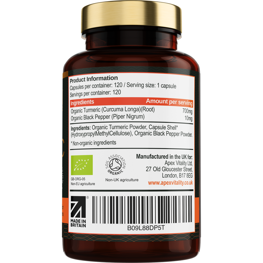 Organic Turmeric Supplement - High Strength 700mg and Organic Black Pepper 10mg - Apex Vitality